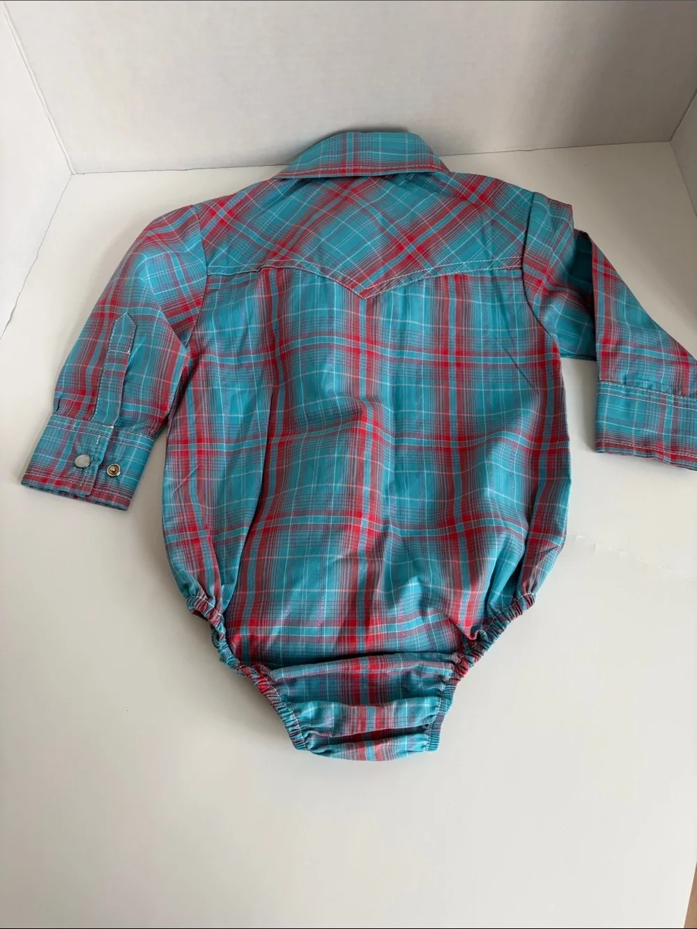 Baby Plaid Popover Bodysuit in Teal & Red western ware 6/9 M Brandnew